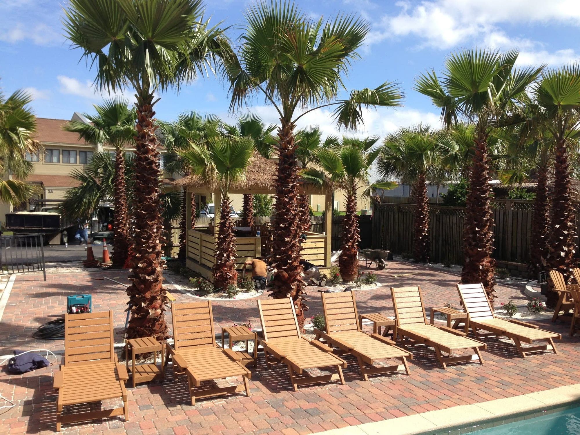 Brick paver pool deck bordered by palms at a Miramar Beach home, with coping set flush to the water line